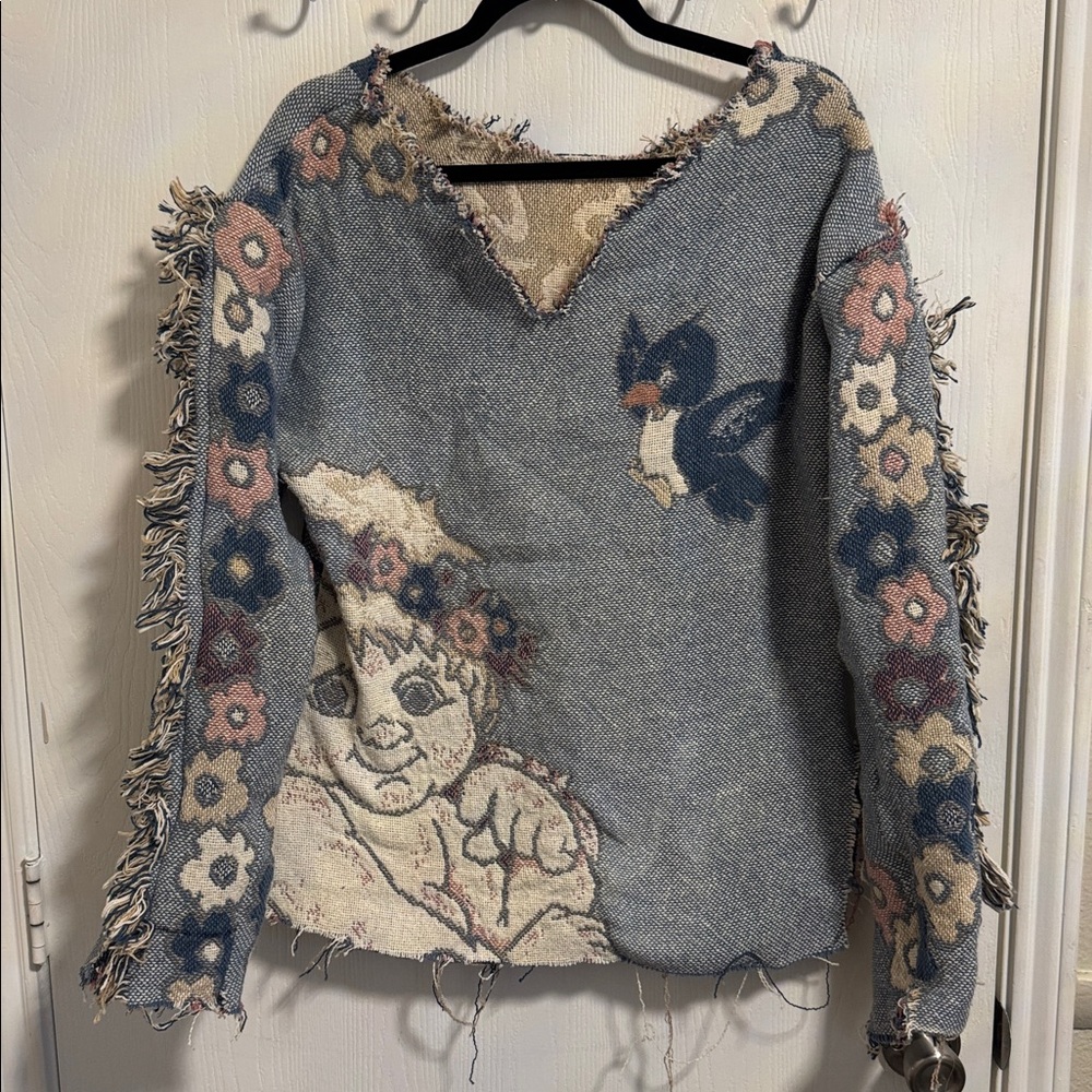 RARE! Dreamsicle Tapestry Sweater Cherub Long Sleeve‎ V-Neck Distressed Fringe
